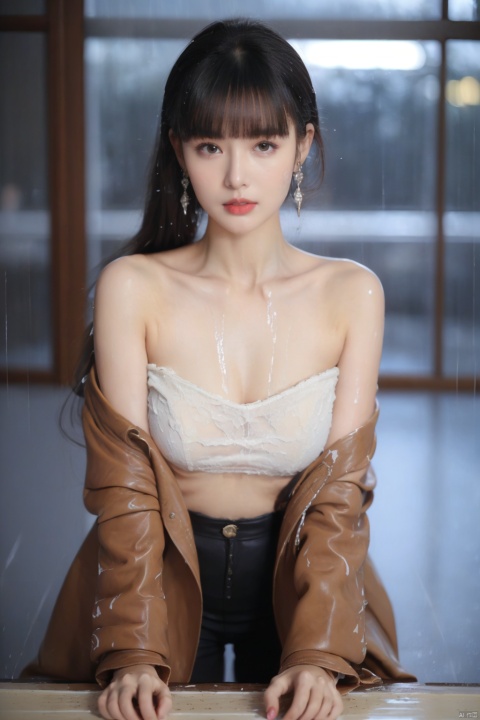  Modern style leather (top quality), (masterpiece), (exquisite facial features), (exquisite hair description), (exquisite facial description), (4k pictorial quality), (exquisite facial features), beautiful facial features, (masterpiece), ((bare shoulder leather coat)), treated hair, extraordinary beauty, sense of fragmentation, super long ponytail hair, messy hair, exquisite earrings, octagonal bangs, (high ponytail) (Tyndall effect), hair tie, exquisite hair, fashion, red lips, exquisite body depiction, lower body (wet, sticky liquid) condom, color, photo lifelike, city, rain, (misty rain), thick fog, ((whole body)), dynamic angle, dynamic, night covers the world, office style, floor-to-ceiling windows, 1girl