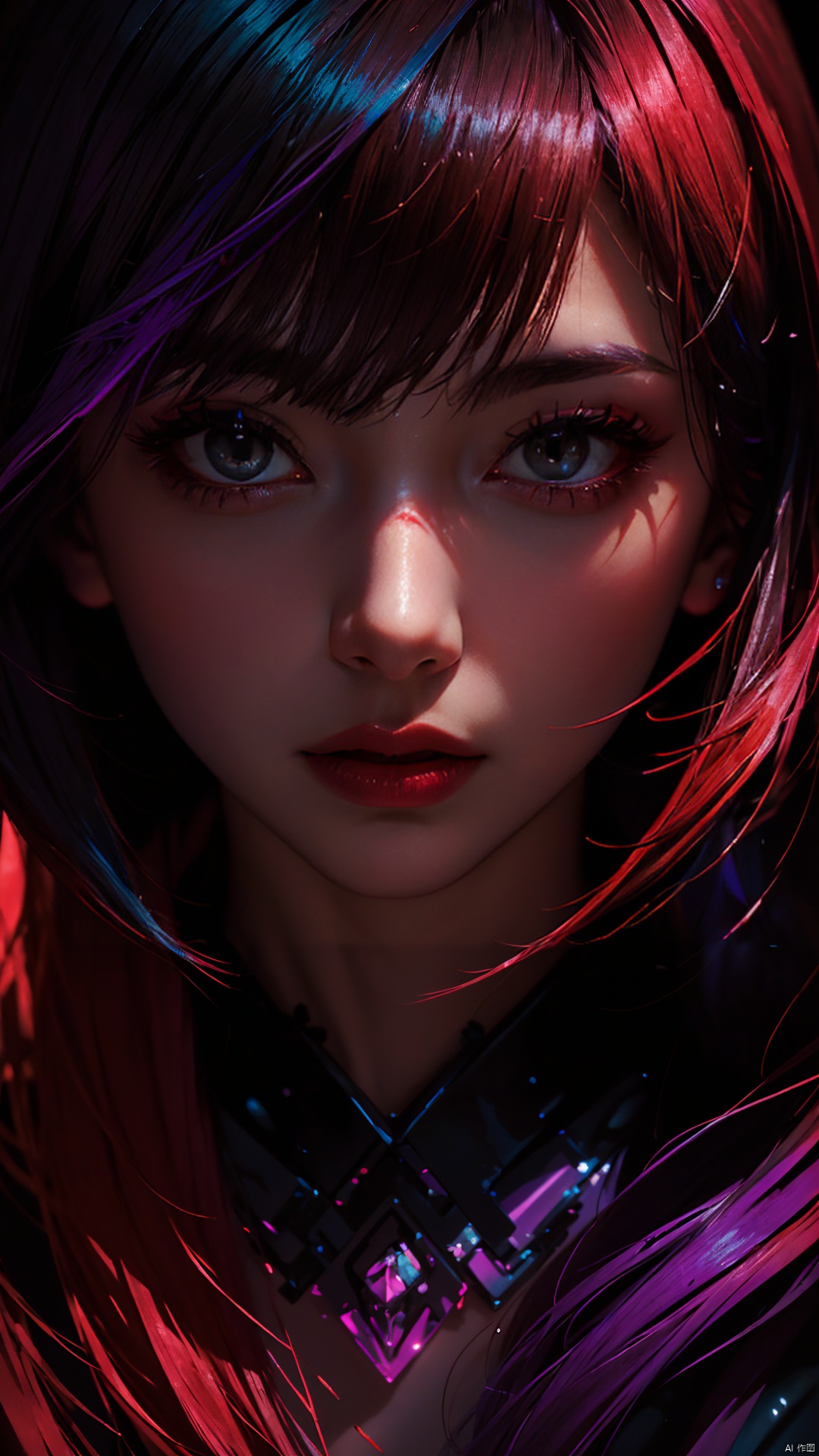 This artwork is an abstract art piece created in the style of Yuko Shimizu, with a dark red theme and a dark overall tone. It depicts a girl. It is a masterpiece of the highest quality, with ultra-high resolution.

neon lights, and vibrant colors, creating a stunning beauty. The entire scene is clean, futuristic, and of excellent quality. The highlights of blue and purple-red contrast sharply with the deep purple shadows, presenting a cinematic, high-definition, and gripping effect that is filled with exquisite delicacy.