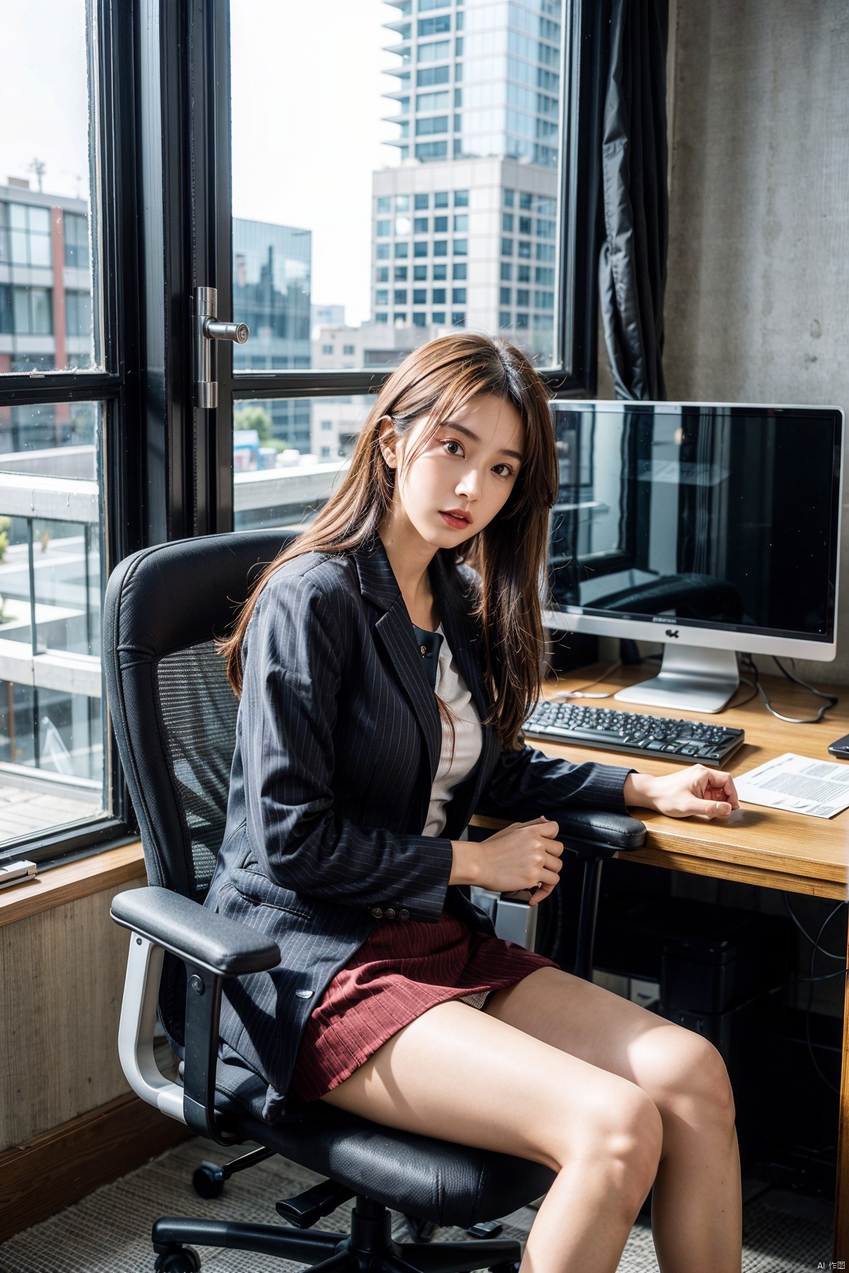  1 girl sitting on an office chair,Computer,(European model:1.3),31 years old,delicated,Business womenswear,(jaket:1.1),(The shirt:1.1),(Wrap skirt:1.1),jewelry,Hosiery,Stockings,black lence stockings,goosebumps,Goose - meat,（Fidelity：1.3）,filigree,quality,（tmasterpiece：1.2）,（Fidelity：1.2）,（best qualtiy）,（skin detailed：1.3）,（Complicated details）,dramatics,Ray traching,photore,Bathed in shadows,visual novel,The boss's office for a skyscraper,window with view on the city,filmgrain,depth of fields, 1girl,high_heels,pinstripe_suit