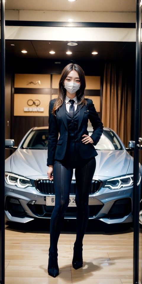A 20-year-old straight_hair Beautiful girl wearing sexy_office_secretary_suit and high_heels,open jacket,mouth mask,bmw car sales showroom,indoor,full body,standing,, CN GIRL5,blue uniform, tutult