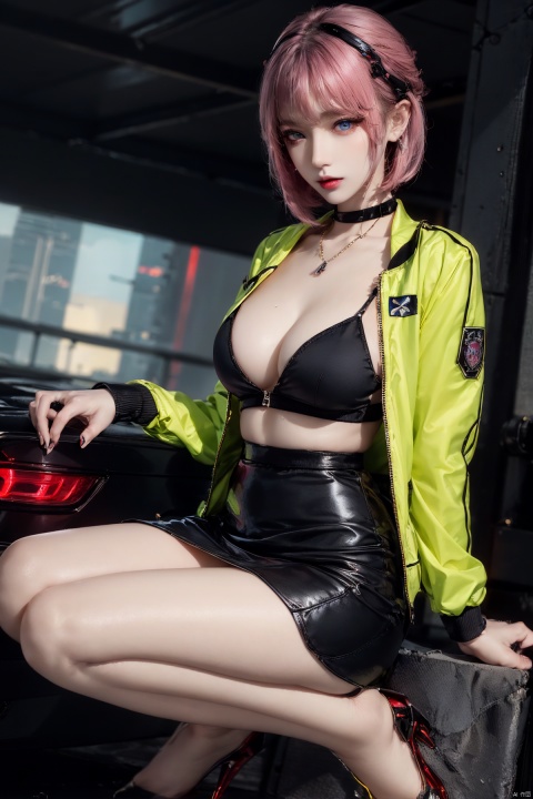  1girl, bangs, pink hair, blue eyes, fashi-g,bob cut, long hair, cleavage, collarbone, open jacket,mecha,cyberpunk,neon lights,large breasts,mature female,shiny skin,rain,water drop,police,pencil_skirt,high_heels,skirt,yellow_footwear, tutututu