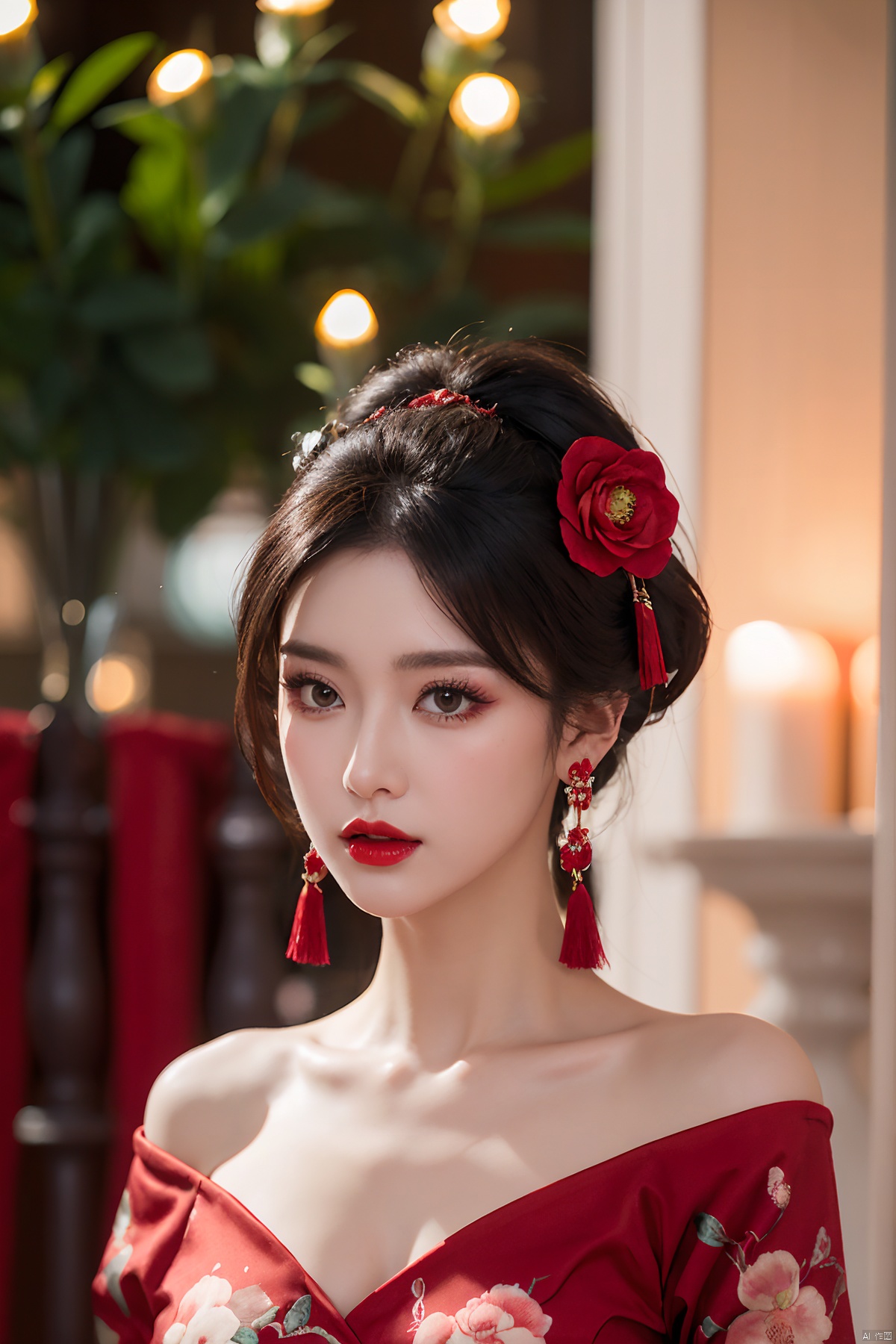 full body, 1girl, hair ornament, solo, flower, hair flower, candle, earrings, jewelry, black hair, black eyes, blurry, lips, red lips, looking at viewer, tassel, depth of field, makeup, realistic,(red_clothes:1.3),chinese clothes, floral print, upper body, medium breasts, off-the-shoulder
