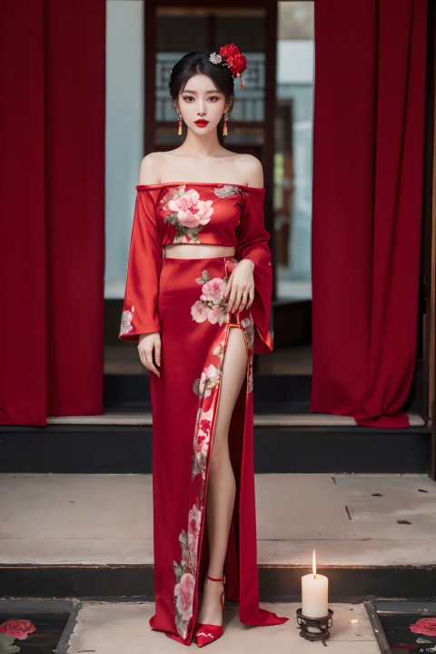 (full body:1.5), 1girl, hair ornament, solo, flower, hair flower, candle, earrings, jewelry, black hair, black eyes, blurry, lips, red lips, looking at viewer, tassel, depth of field, makeup, realistic,(red_clothes:1.3),chinese clothes, floral print,  medium breasts, off-the-shoulder
