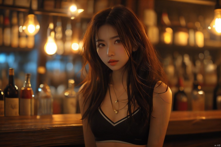  sdmai, fanhua, 1girl, solo, long hair, jewelry, necklace, realistic, breasts, brown hair, bottle, looking at viewer, parted lips, blurry, bar \(place\), lips, midriff, small breasts, blurry background, brown eyes,
