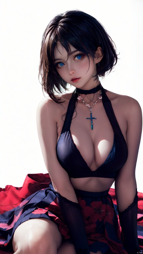 A girl in Japanese clothing sits in front of a simple white background. She has short black hair with red lips and blue eyes. She is wearing a criss-cross halter top with a floral print, revealing her ample breasts and deep cleavage. She looks directly at the viewer with a closed mouth, and wears a choker around her neck.


neon, and vibrant atmosphere. The entire scene is sleek, ultra-modern, and of exquisite quality. The contrasting highlights of purplish-red and deep purple create a powerful effect, reminiscent of a high-definition, gripping film, with a touch of delicate refinement.
, tutututu,black school uniform, tutult