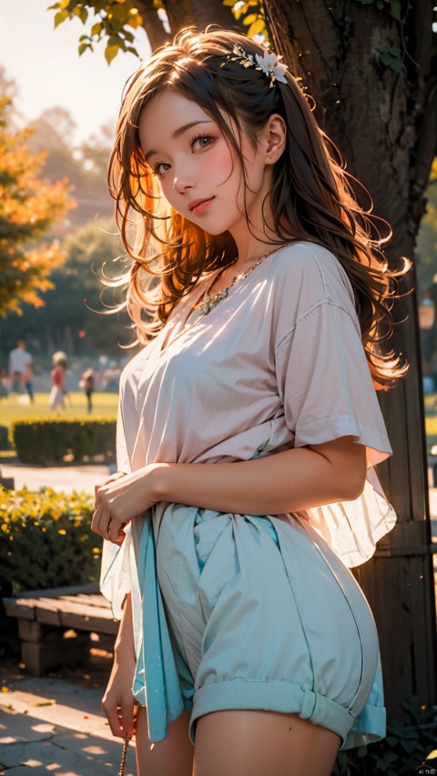  (masterpiece), (best quality), (ultra detailed), 1girl, ssexy pose, blush,medium breasts, casual clothes, happy, looking at viewer, large hair, brown hair, in the park with trees, shy