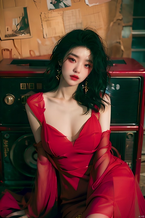  sdmai, hongchen, 1girl, solo, black hair, realistic, red dress, breasts, looking at viewer, earrings, jewelry, dress, cleavage, sitting, red lips, long hair, Ink painting, greendesign