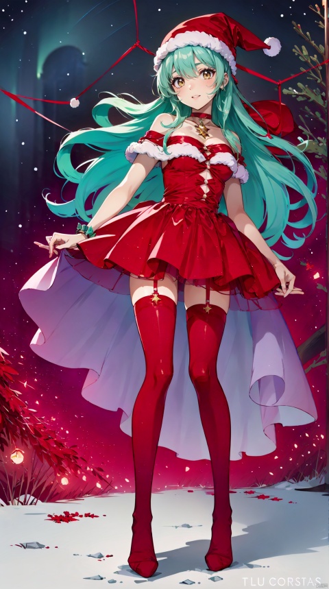  (tutututu:1.3), red thighhighs, red edge stockings,1girl, full body, artist name, gem, glowing, jewelry, long hair, looking at viewer, magic, (christmas hat), artist name, aurora, choker, constellation, embers, light particles, tutututu, hand101, , (tutututu)