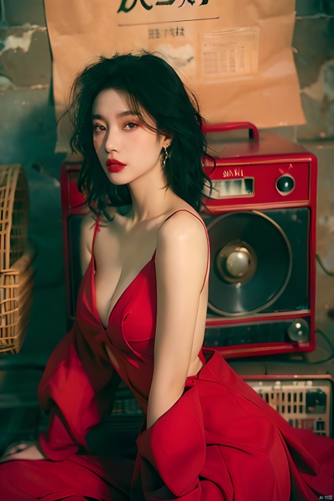  sdmai, hongchen, 1girl, solo, black hair, realistic, red dress, breasts, looking at viewer, earrings, jewelry, dress, cleavage, sitting, red lips, long hair, Ink painting, greendesign