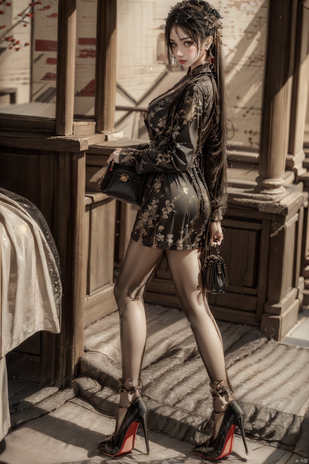  a girl,blalinkedress,full body,looking_at_viewer,indoors, NSFW,nipple exposed, 1girl,high_heels,yellow_footwear,pencil_skirt,handbag