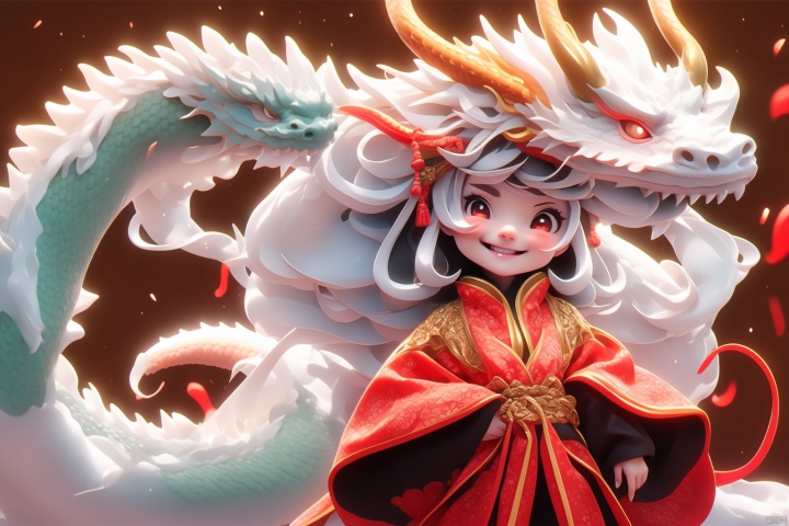  1 girl, long white hair, smiling, oriental dragon, long sleeve, jacket, bangs,, golden background