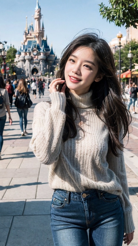 1girl, smiling,Realistic movie lighting,grey turtleneck sweater(((skindentation),(skin tight)),ultradetailed,8K,detailed face,photorealistic,1girl,long hair,solo,fullbody,complex background, look at the viewer, detailedbackground,sweating details,realistic, fullbody,long legs,real,Lacrimal nevus,realism, Delicate glowing skin,masterpiece,bestquality,distant view,depth of field,dynamic perspective,Perfectly proportioned figure,Detailed skin description, black jeans,street,daytime,good weather,Disneyland Park in the background,
