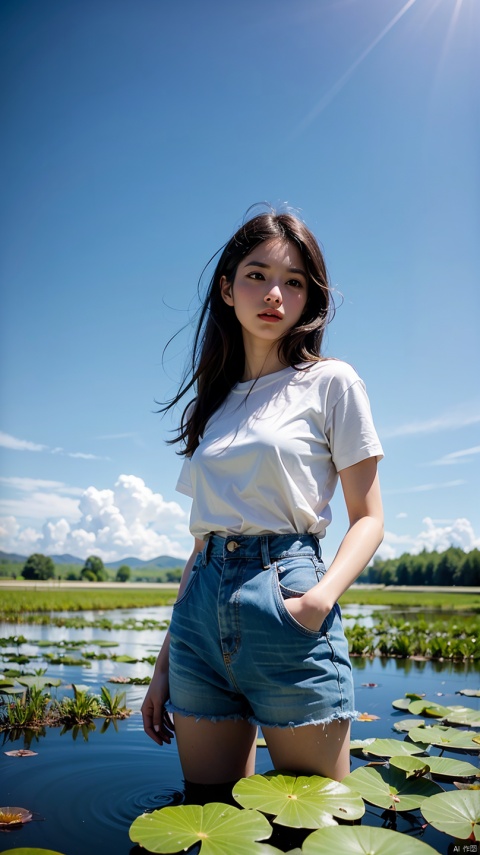 Vast landscape photo, (from below, the sky above), a girl, characters account for 0.6, summer countryside, lotus pond, lotus flowers, cool clothes, skin sweat, (solo: 1.2)
