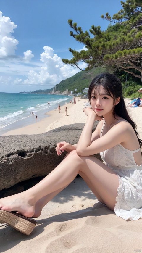（in 8K)、top-quality、​masterpiece、超A high resolution)　Beach、Beach、robe blanche、A Japanese Lady、Waves are hanging at your feet、sitting on