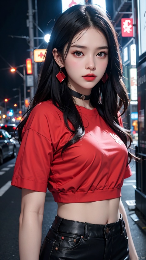 Beautiful Thai college student,long straight black hair,cute face,far shot,choker,full body,large earring,small bag,red shirt,miniskirt,night light,city,Photography,Surrounded by neon-lit reflections of the cityscape, depth of fields,Night, cyberpunk aesthetic, Highly detailed lighting, Dramatic,8K, high-detail, Skin Texture, Realistic skin texture,Best Quality, hight resolution, Photorealsitic