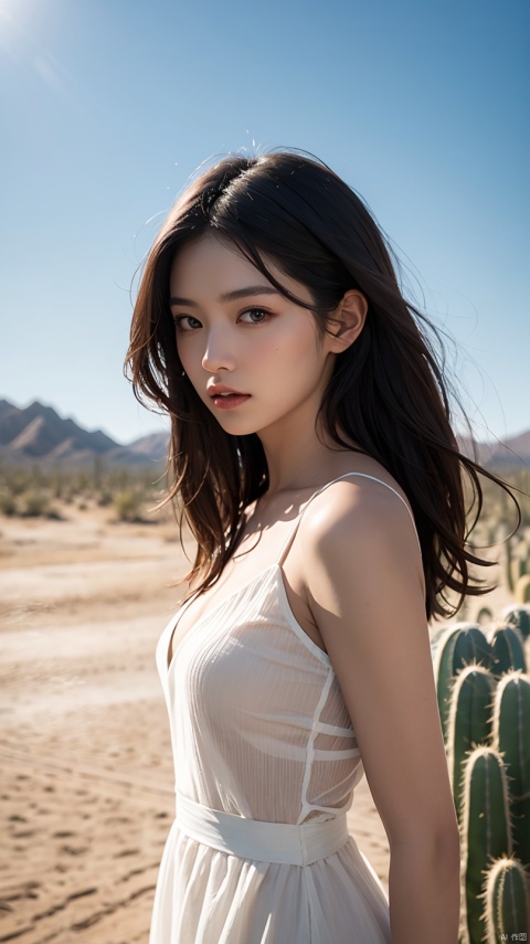 janggyuri,1girl, dynamic angle, desert, (cactus) in the foreground, white dress, with golden accessories,light tracing, (windy dust:1.2) in the foreground,(floating hair:1.1),
hot sun,(cowboy shot),professional model,
(photorealistic:1.4), official art, fractal art,unity 8k wallpaper, ultra detailed, beautiful and aesthetic,look at viewer, masterpiece,best quality, glowing skin, cinematic lighting