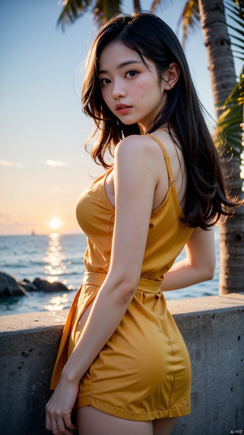 Super detailed 8K photos of Japanese gravure models,Shoulder-length wavy hair and striking hazel eyes. She strikes a seductive pose on a tropical beach, dress chicly, Vest,  mini skirt, The setting sun casts a warm light on her, when she naughtily, Seductively look at the camera, Surrounded by peaceful and beautiful ocean and palm trees