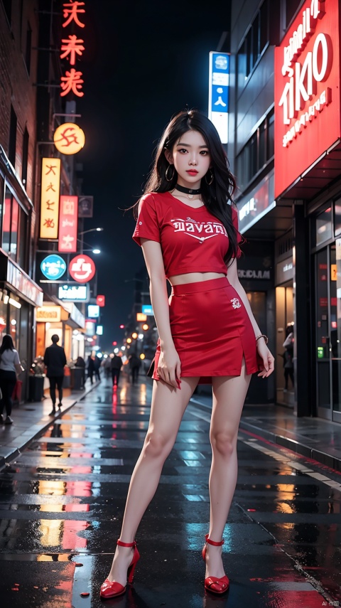 Beautiful Thai college student,long straight black hair,cute face,far shot,choker,full body,large earring,small bag,red shirt,miniskirt,night light,city,Photography,Surrounded by neon-lit reflections of the cityscape, depth of fields,Night, cyberpunk aesthetic, Highly detailed lighting, Dramatic,8K, high-detail, Skin Texture, Realistic skin texture,Best Quality, hight resolution, Photorealsitic