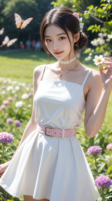 22 years Beautiful korean Girl, masterpiece, best quality, official art, extremely detailed CG unity 8k wallpaper, Ray Tracing, highly detailed, absurdres, Panorama, Depth of field, telephoto lens, angel, looking afar, looking to camera man, in spring, sunset, rainbow, (((flower field))), (((flower sea))), Tyndall effect, 100% Realistic, ((Realistic)), (paper figure),((impasto)),(shiny skin), (water color),bloom effect,detailed beautiful grassland with petal,flower,butterfly,necklace,smile,petal, ((Pink colour GRACE KARIN Boatneck Sleeveless Vintage Tea Dress with Belt)), Perfect body figure, Beautiful Smile, Cinematic photography, Sexy angles, Stylish poses, 4 Different poses, 64k , high resolution picture quality, very clear body figure, Flowers in hand, Butter fly flying on hand,