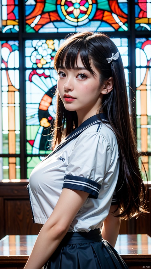 (((Draw only one woman: 2))), Beautiful 18 year old Japan woman, (A high school girl wearing a sailor uniform with short sleeves and a ribbon: 1.5), (Japan strict girls' school sailor uniform), ((Body-fitting sailor suit:1.5)), ((Big breasts in uniform&#39;It&#39;s going to explode:1.5)), ( High school girl sitting in the church pew: 1.2), (Beautiful and elaborate stained glass on the background: 1.5), ((1screen)), in 8K, RAW shot, top quality photo, masutepiece, Amazing realism photos, (lighting like a movie:1.5), ((Anatomically correct proportions: 1.5)), ((perfectly proportions)), (Cute woman like an idol in Japan:1.5), Detailed face, Detailed eyes, Narrow Nose, Detailed skin, (Beautiful long hair: 1.5), (Transparent bangs:1.5), {{facial close-up:1.5}}, (ssmile:1.2), (Angle from the side)