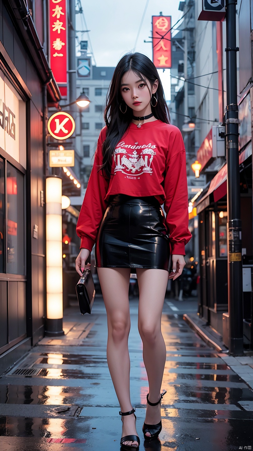 Beautiful Thai college student,long straight black hair,cute face,far shot,choker,full body,large earring,small bag,red shirt,miniskirt,night light,city,Photography,Surrounded by neon-lit reflections of the cityscape, depth of fields,Night, cyberpunk aesthetic, Highly detailed lighting, Dramatic,8K, high-detail, Skin Texture, Realistic skin texture,Best Quality, hight resolution, Photorealsitic