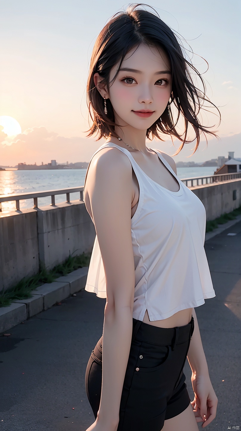 1girl, photo model, smile, focus to viewer, beautiful lighting, best quality, masterpiece, ultra highres, photorealistic, black hair, short **** top, short pants, long stocking, medium breasts, white skin,( sunset background:1.4)