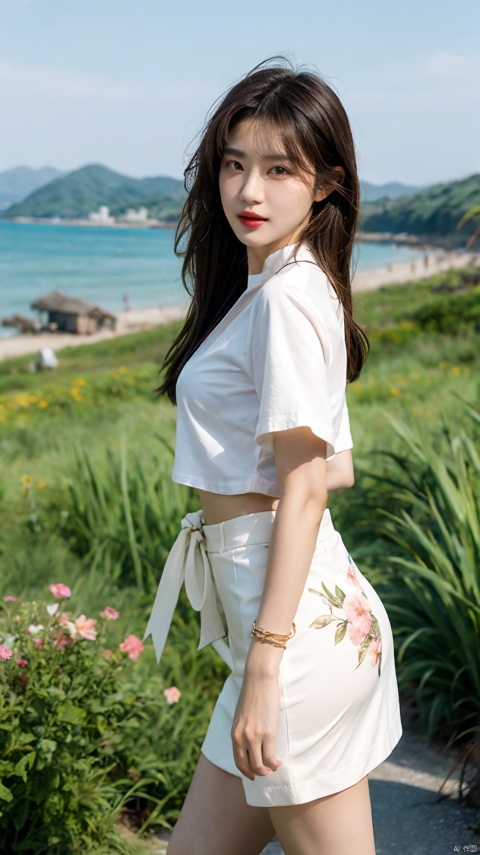 8K Raw photograph, best qualtiy, tmasterpiece, 超高分辨率, filmgrain, cinematic ligh, 1girll, looking at viewert, Natural skin texture, Realistic Eyes and Face Details, full pouty lips, lipsticks, （putting makeup on）, Red eyeshadow, Short fluffy hair, messy  hair, ssmile, Keep one's mouth shut, beautifullegs, Tall women, being thin, Slim_Legs, 独奏, Brustwarzen, Pose with your hips facing you, Superskirt, hindquarters, Beautiful natural location, Location of flowers around, （detailedbackground） , Show a little through the shirt, Footwear, vague background, bblurry, halter,, short- sleeved, The ribbon is around the neck, JK ribbon, brown  hair, bangle, Eau, By bangs, jewely, parted lip, cparted lips, From the side Side, Printed silk skirt, depth of fields,beachside,zona rural,are standing,