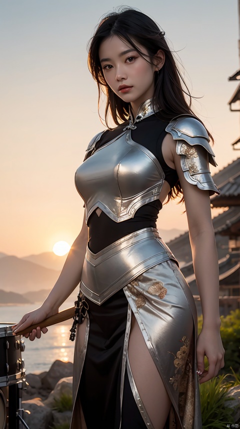 Heroic beauties stand in the sunset and play drums,Chinese drum,mountain in the distance,Silver chinoiserie armor,Detailed pubic hair,Realistic,Ray traching,Very detailed,Works of masters,Very high pixels,Extremely high pixels,8K, yes,of a real