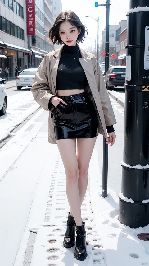 best quality, 4K, 8k, Detailed faces, clear face, full-body shot,beautiful girl, Korean makeup, red lips, smilingly, Perfect body,shoulder-length short hair,small,Leg length,Slim,thin, girl wearing long and wide coat, Under the jacket is the top tube and tying, lower abdomen, snow scene, Winters, street,