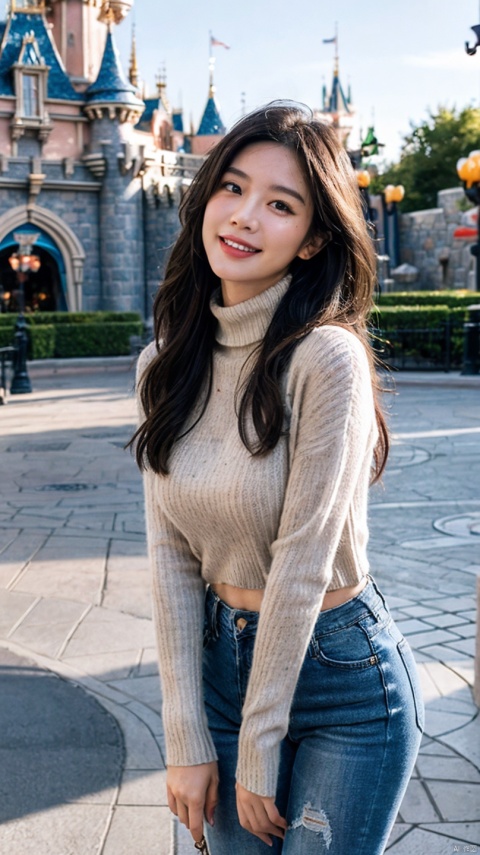 1girl, smiling,Realistic movie lighting,grey turtleneck sweater(((skindentation),(skin tight)),ultradetailed,8K,detailed face,photorealistic,1girl,long hair,solo,fullbody,complex background, look at the viewer, detailedbackground,sweating details,realistic, fullbody,long legs,real,Lacrimal nevus,realism, Delicate glowing skin,masterpiece,bestquality,distant view,depth of field,dynamic perspective,Perfectly proportioned figure,Detailed skin description, black jeans,street,daytime,good weather,Disneyland Park in the background,
