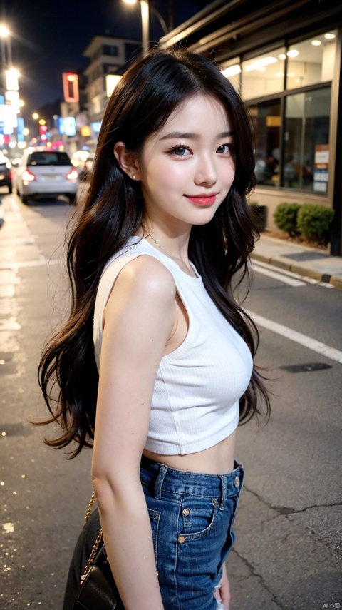 ((4K works))、​masterpiece、(top-quality)、1 beutiful girl、Slim body、((Attractive clothes in black and white))、(Detailed beautiful eyes)、Walking together on the road at night、Face similar to Carly Rae Jepsen、((Boyish Gold Medium Hair))、((Smaller face))、((Neutral face))、((Blue eyes))、((American Women))、((Adult female 26 years old))、((cool lady))、((A shy smile on his face))、((Korean Makeup))、((elongated and sharp eyes))、((Happy dating))、((boyish))、((She is walking in front of the viewer))、((Shot from the top of the face))、((Shot diagonally from the side))