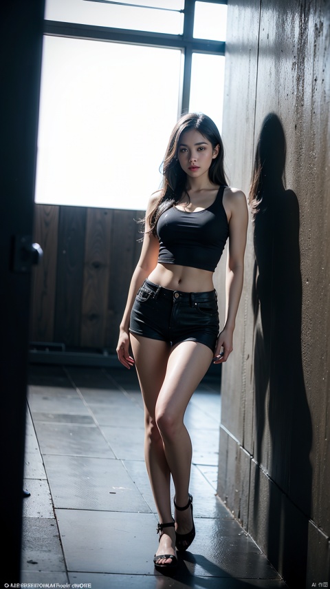 best quality, masterpiece level, intricate details, High-precision graphics, Ultra HD quality, Detailed shadows, Wonderful atmosphere, dark background, shadow effect, local light, a beautiful girl, Solo performance, The face and eyes are exquisite and detailed, Really fit the skin, Black and white contrast scheme, High waist and slim leg lines, With shorts, (Sleeveless T-shirt top, full body demonstration),