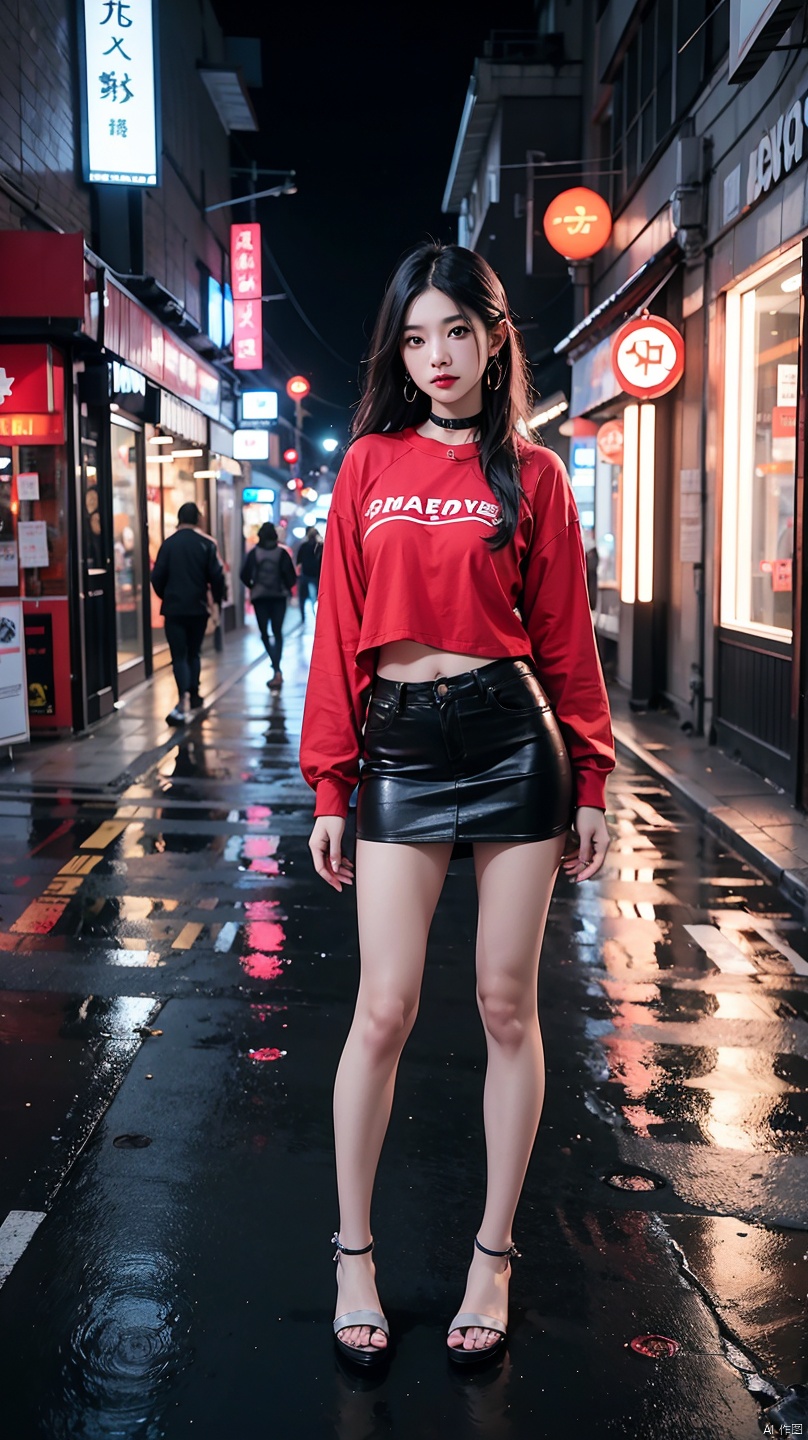 Beautiful Thai college student,long straight black hair,cute face,far shot,choker,full body,large earring,small bag,red shirt,miniskirt,night light,city,Photography,Surrounded by neon-lit reflections of the cityscape, depth of fields,Night, cyberpunk aesthetic, Highly detailed lighting, Dramatic,8K, high-detail, Skin Texture, Realistic skin texture,Best Quality, hight resolution, Photorealsitic