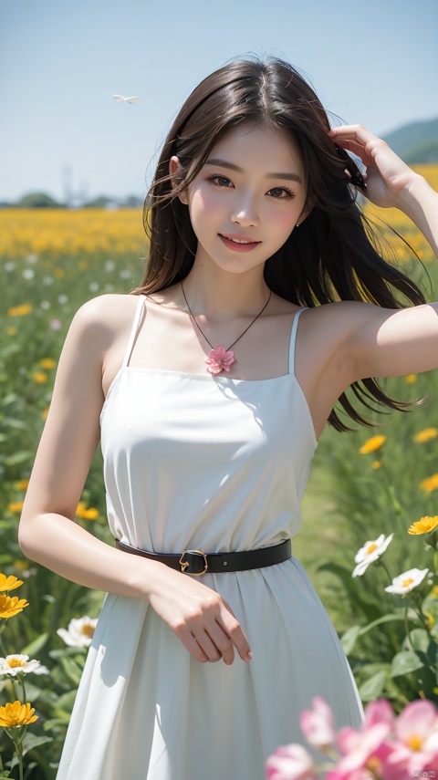 22 years Beautiful korean Girl, masterpiece, best quality, official art, extremely detailed CG unity 8k wallpaper, Ray Tracing, highly detailed, absurdres, Panorama, Depth of field, telephoto lens, angel, looking afar, looking to camera man, in spring, sunset, rainbow, (((flower field))), (((flower sea))), Tyndall effect, 100% Realistic, ((Realistic)), (paper figure),((impasto)),(shiny skin), (water color),bloom effect,detailed beautiful grassland with petal,flower,butterfly,necklace,smile,petal, ((Pink colour GRACE KARIN Boatneck Sleeveless Vintage Tea Dress with Belt)), Perfect body figure, Beautiful Smile, Cinematic photography, Sexy angles, Stylish poses, 4 Different poses, 64k , high resolution picture quality, very clear body figure, Flowers in hand, Butter fly flying on hand,