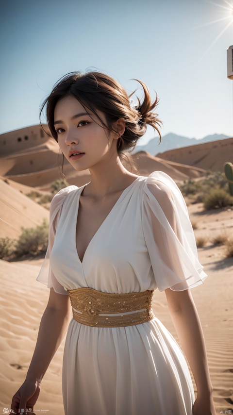 janggyuri,1girl, dynamic angle, desert, (cactus) in the foreground, white dress, with golden accessories,light tracing, (windy dust:1.2) in the foreground,(floating hair:1.1),
hot sun,(cowboy shot),professional model,
(photorealistic:1.4), official art, fractal art,unity 8k wallpaper, ultra detailed, beautiful and aesthetic,look at viewer, masterpiece,best quality, glowing skin, cinematic lighting