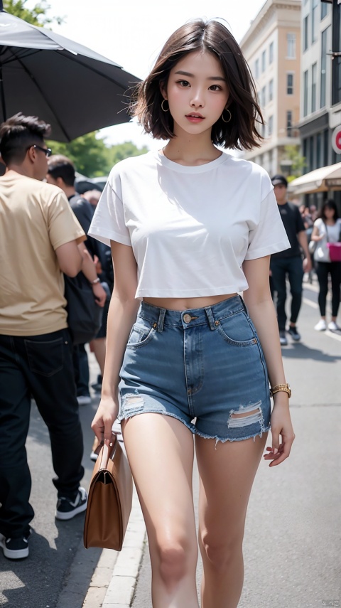 1 girl, Full body photo,,Jeans,Suspender T-shirt,Wearing sneakers, cropped shoulders,The facial features are delicate and three-dimensional, The expression is natural and real, cheerfulness,Detailed details,Real and natural,Walk next to the camera,Accidentally see your footage , wearing denim short shorts, photo of slim girl model, Straight dark brown hair ,floated hair,Large breasts, Walk the streets in style and naturally, The background is the mall square,Advancedsense,Korean female model, Casual style, In fashion style, Trendy clothes, Solo, Detailed background, street fashion outfit, modern fashion outfit, Sexy girl in shorts, street fashion outfit,, very beautiful slim legs, Photorealistic, Street photography, Masterpiece, Realistic, Realistic, Photorealistic, High contrast, artstation 8k, High-definition realistic digital art trends, Detailed, Skin texture, Super detailed, Realistic skin texture, armature, Best quality, 超高分辨率, (Photorealistic :1.4), 超高分辨率, Detailed, primitive, Sharp Re, Port Kodak 400, Camera f1.6 shots, Rich colors, Ultra-realistic, Realistic textures, Dramatic lighting, illusory engine, Popular on the ArtStation Cinestill 800