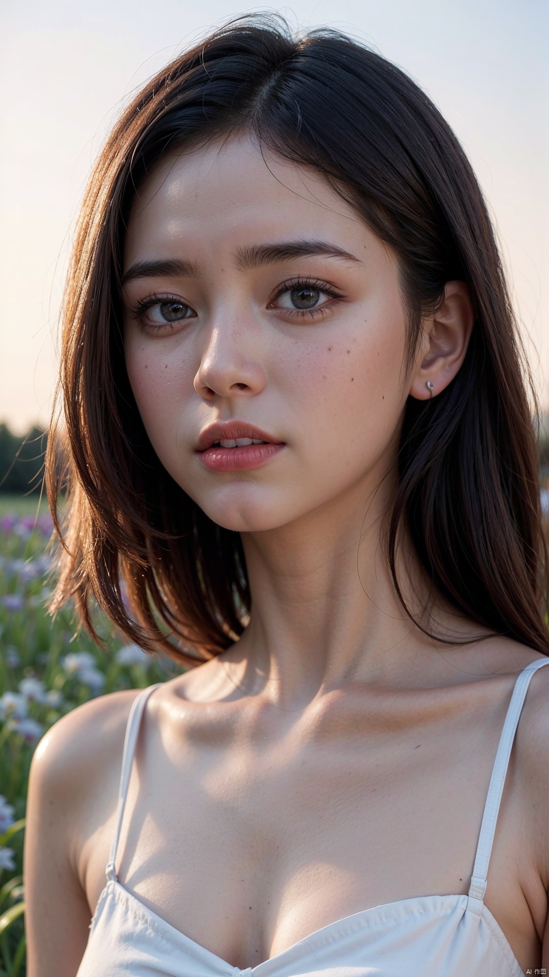 (1 girl), (summer night sunset:1.3), (8k, RAW photo, best quality, masterpiece:1.2), (realistic, photo-realistic:1.37), best quality, ultra high res, (focus face:1.8), (portrait face:1.7), (high contrast:1.1), (intense:1.1), (detailed:1.1), (highest quality), (analog:1.2), (high sharpness), photographed by Canon EOS R6, 135mm, 1/1250s, f/2.8, ISO 400, (summer dress:1.4), (standing in flower field:1.3), (vibrant, colorful:1.3)