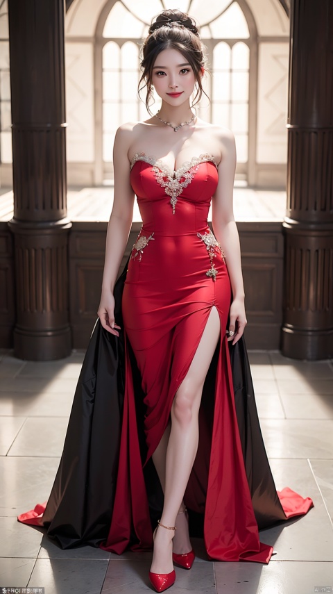 (Very detailed, reasonable design, Clear lines,Best quality, Masterpiece,Light and dark Canon photography is crystal clear ,Large breasts,cropped shoulders,Lace（realisticlying:1.2）Beutiful women,Red wedding dress,Full body photo,Smile
