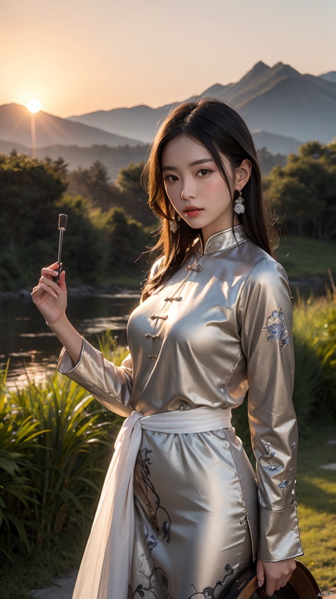 Heroic beauties stand in the sunset and play drums,Chinese drum,mountain in the distance,Silver chinoiserie armor,Detailed pubic hair,Realistic,Ray traching,Very detailed,Works of masters,Very high pixels,Extremely high pixels,8K, yes,of a real