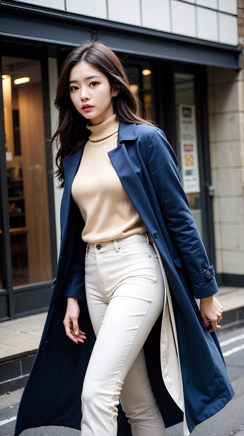 (realistic、highest resolution:1.3)、Delicate facial expression, A woman in a blue coat is walking down the street, 1 Korean beauty, different actions, clothes:random color,