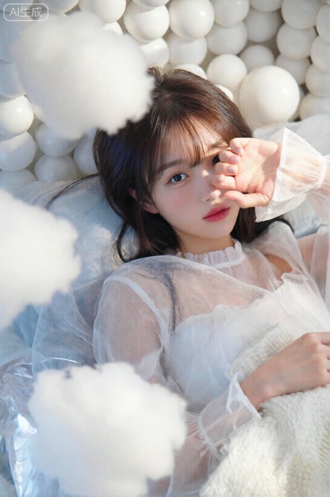 masterpiece, best quality, hyper-realistic photo, 东亚美少女, UHD, 采用极其唯美的俯拍视角。前景是几团虚化后的、如同云朵般的白色蓬松棉团。中景的少女气质恬静梦幻,她留着柔顺的编发,发丝散落在枕头边缘,眼神中带着一丝迷离。她穿着一件多层叠穿的白色薄纱裙,裙摆在周围散开,呈现出半透明的质感。她正半躺在柔软的床榻中心,一只手轻轻遮住脸庞,阻挡着洒落的阳光。背景是布满了白色球体装饰的墙面,空间感极佳。光影系统采用了极其柔和的漫反射光,消除了所有锐利的阴影,使整个空间呈现出一种通透的高调视觉效果。细节处可见纱裙表面极其微小的网眼纹理与少女指尖修剪整齐的质地,画面充满了超现实的治愈感。
