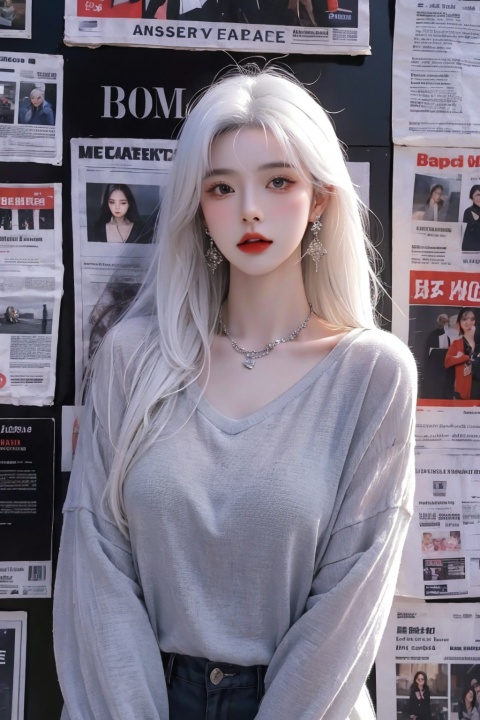 masterpiece, 1 girl, Stand, {white hair}, jewelry, Earrings, Necklace, {JK}, Newspaper wall, huge filesize, extremely detailed, 8k wallpaper, highly detailed, best quality