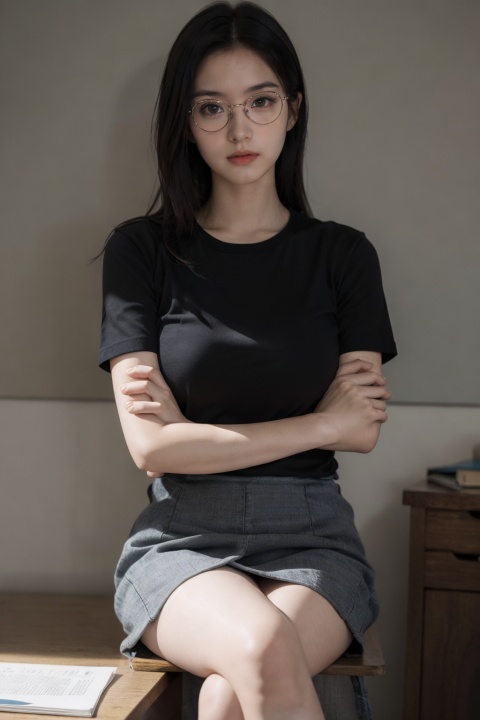 8K,Best quality,masterpiece,ultra high res,(photorealistic:1.4),raw photo,
1girl,beautiful girl,20y,shot hair,black hair,large breasts,big eyes,
wearing glasses,miniskirt,crossed arms,crossed legs,sitting on desk,from below,