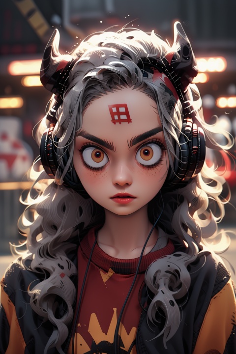 bj_Devil_angel, 1girl, solo, long_hair, looking_at_viewer, shirt, red_eyes, closed_mouth, upper_body, grey_hair, horns, blurry, lips, black_shirt, depth_of_field, blurry_background, headphones, wavy_hair, forehead, headset,cinematic lighting,side light,sunshine,strong contrast,high level of detail,Best quality,masterpiece,,BJ_Violent_graffiti