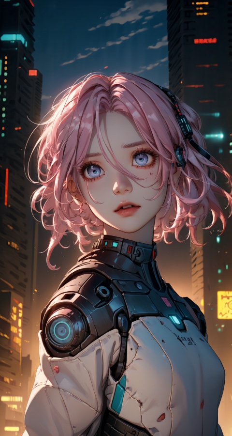 illustration of a cyborg girl with beautiful eyes and the wind blew her (long pink hair:1.1),  cyberpunk, cyborg,  cold face, BREAK, (desert, collapsed and abandoned cities), dusk, sunshine clouds,  cgart_dragonfly, masterpiece, best quality, ultra-detailed,cinematic, BRRAK, 50mm photograph, shot by Leica M50 f/1.9