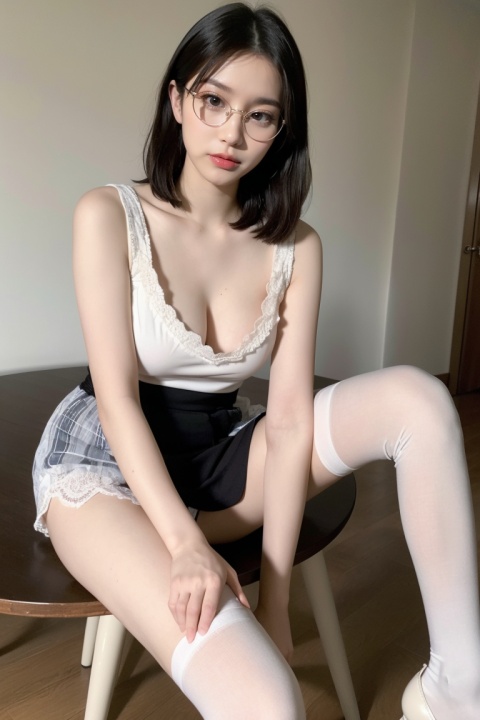 8K, best quality, masterpiece, ultra high resolution, (realism: 1.4), original photo,

1 girl, beautiful girl, 20 years old, short hair, black hair, big breasts, big eyes,

Wearing glasses, lace long skirt, (hands between legs: 1.2), legs together, (white stockings: 1.1), sitting on the table, looking from below