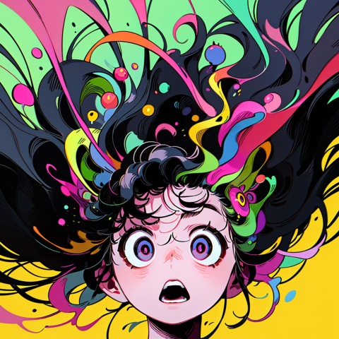 BJ_Violent_graffiti, 1girl, solo, looking_at_viewer, open_mouth, simple_background, black_hair, pink_eyes, floating_hair, portrait, yellow_background, colorful,strong contrast,high level of detail,Best quality,masterpiece,,