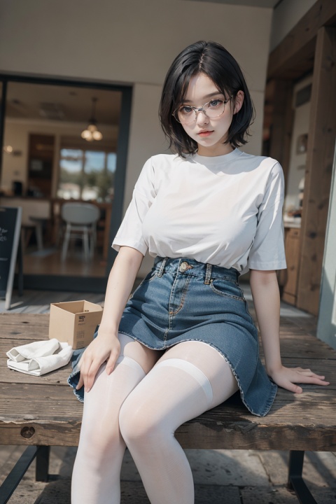 8K, best quality, masterpiece, ultra high resolution, (realism: 1.4), original photo,

1 girl, beautiful girl, 20 years old, short hair, black hair, big breasts, big eyes,

Wear glasses, denim long skirt, (hands between legs: 1.2), legs together, (white stockings: 1.1), sit on the table, looking from below