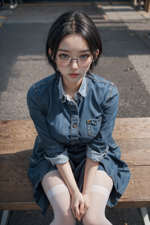 8K, best quality, masterpiece, ultra high resolution, (realism: 1.4), original photo,

1 girl, beautiful girl, 20 years old, short hair, black hair, big breasts, big eyes,

Wear glasses, denim long skirt, (hands between legs: 1.2), legs together, (blue stockings: 1.1), sit on the table, look from above