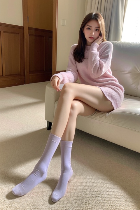 1 girl sitting on the carpet, legs crossed, light purple gradient socks, soft lighting, hands 101, pantyhose